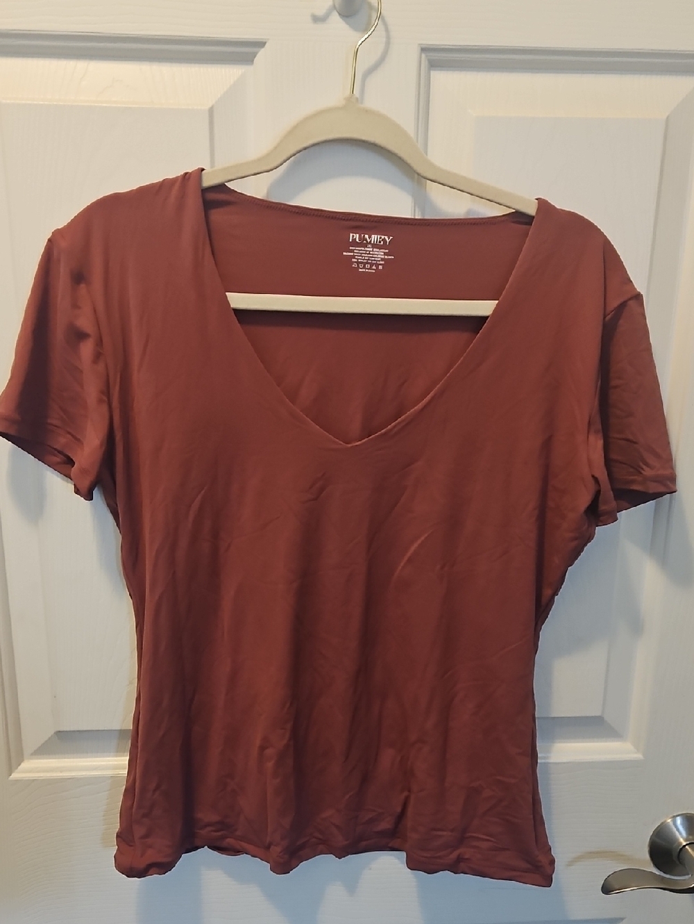 Women's V-Neck Short Sleeve Tee - Rust - Double Lined Front 2XL